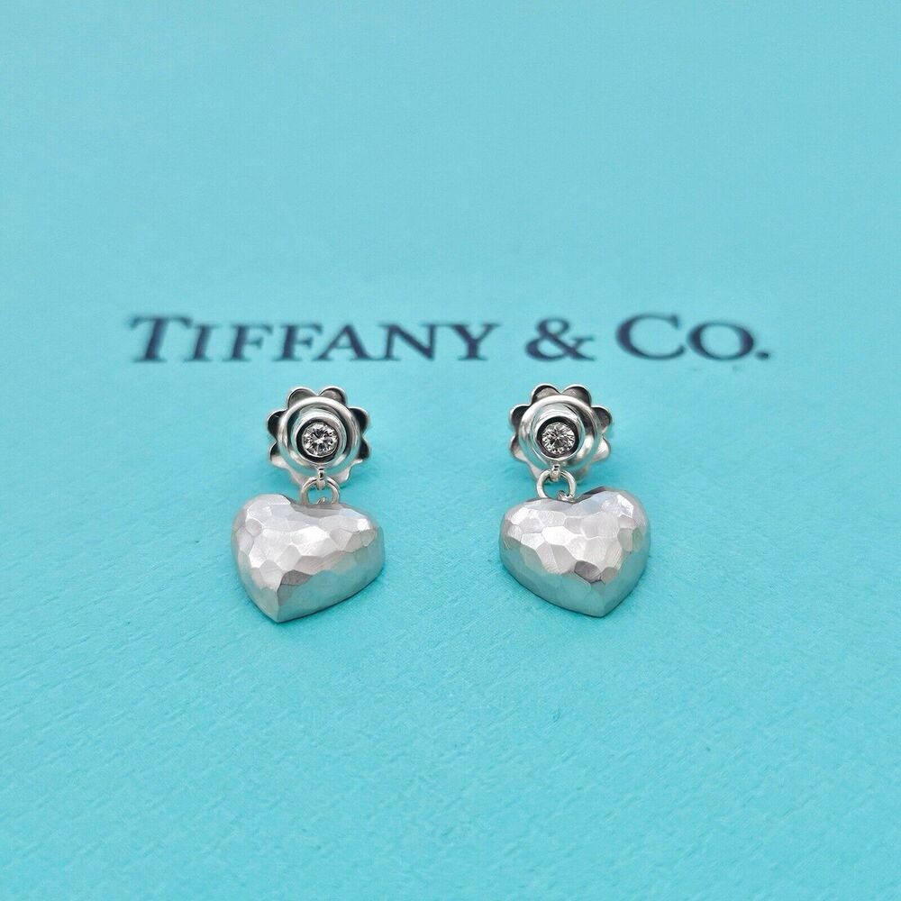 Vintage Tiffany & Co. Paloma Picasso Diamond 18k Hammered Heart Dangle Earrings